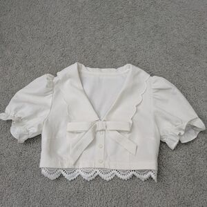 White Lace Trim Blouse with Bow